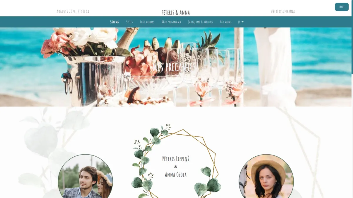 Digi Wedding kāzu mājaslapas sākumlapa ar jaunā pāra vārdiem un fotogrāfijām