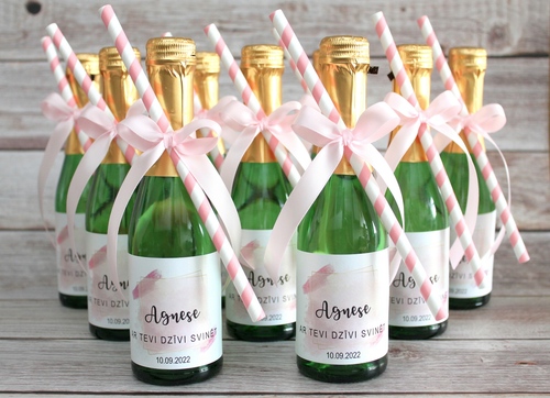 Personalizētas mazo šampanieša pudeļu etiķetes MINI BLEND 85X65 BABY PINK