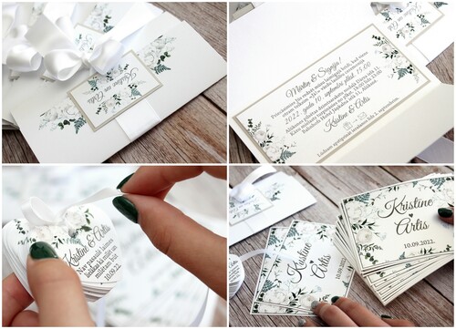 Kāzu ielūgumi BOHEMIAN SUMMER NIGHT 150X80 WHITE GREENS, pieskaņotas šiltītes dāvaniņām un šampanieša pudeļu etiķetes