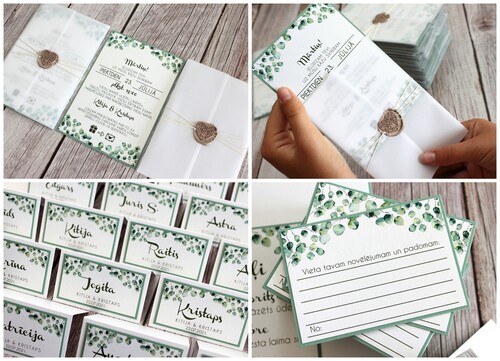 Kāzu ielūgumi ALL SEASONS 100x150 EUCALYPTUS LEAVES un pieskaņotas galda kartes