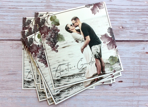 Kāzu vīna pudeļu etiķetes GRAPE WINE 100x100 ar fotogrāfiju